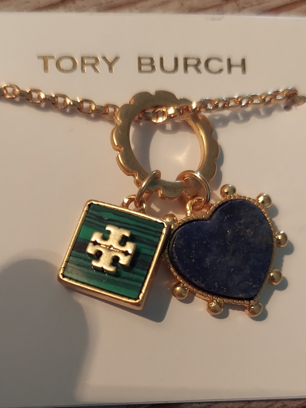 Tory Burch Gold Chain Necklace with Green Enamel Square and Blue Heart Charm